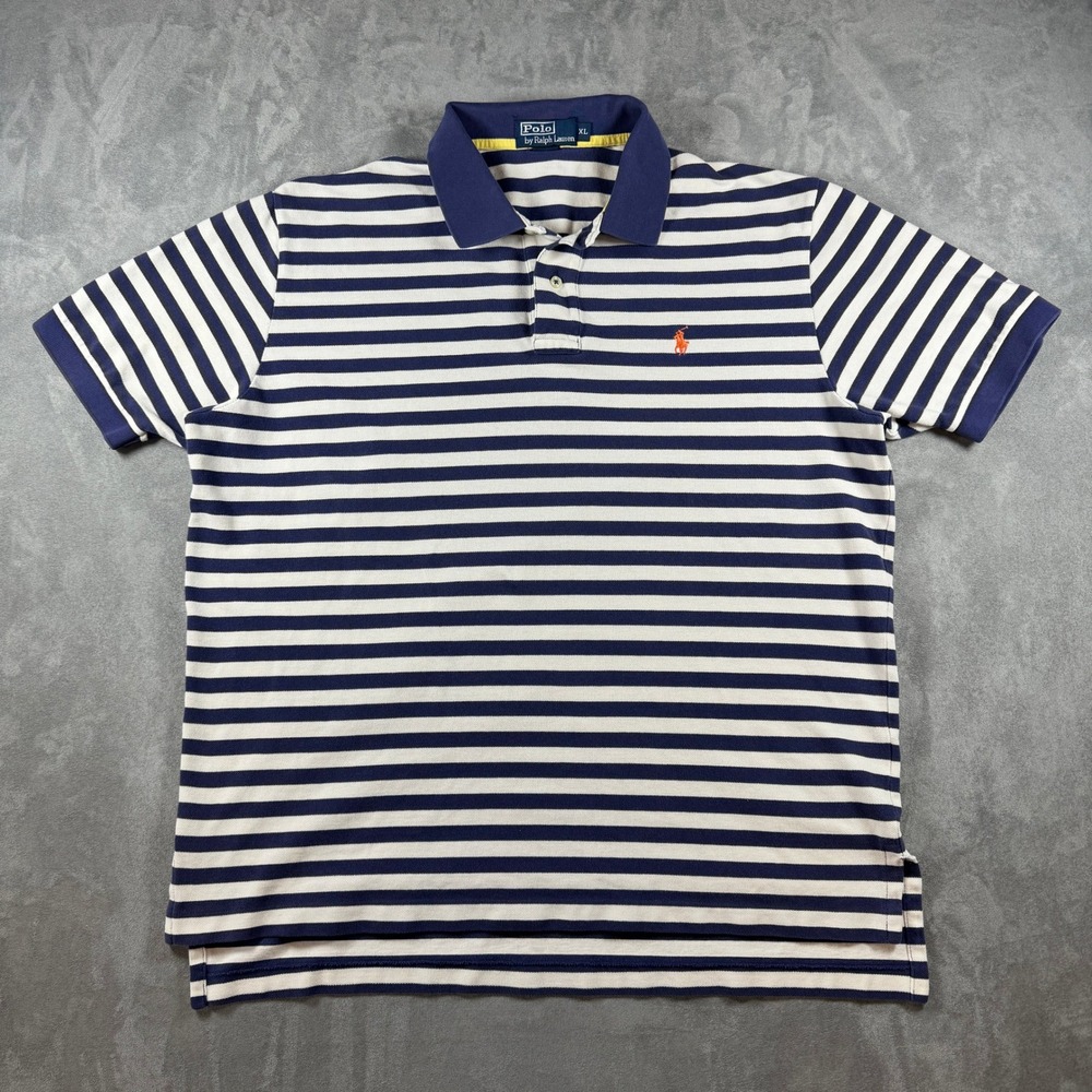 Polo Ralph Lauren Shirt Mens XL Navy Blue White Striped Short Sleeve Pique Polo